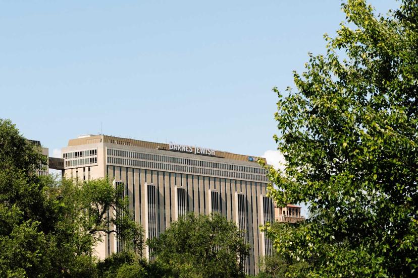 A large beige building with vertical windows, partially covered by green trees, against a clear blue sky.