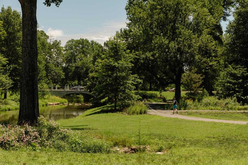 A scenic park with a lush green landscape, a small bridge over a stream, and a person walking on a path under tall trees.