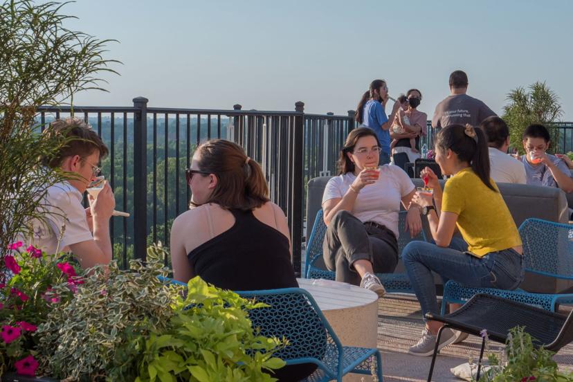 People enjoying drinks and conversation on a rooftop terrace with plants and a scenic view in the background.