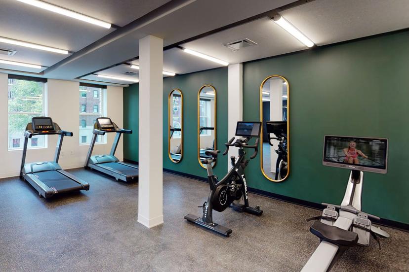 A modern gym with two treadmills, a stationary bike, and a rowing machine, against a green wall with mirrors and large windows.